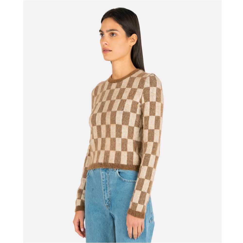 Nanushka Feline Brushed Alpaca Checkered Sweater in Creme/Brown - Picture 2 of 11